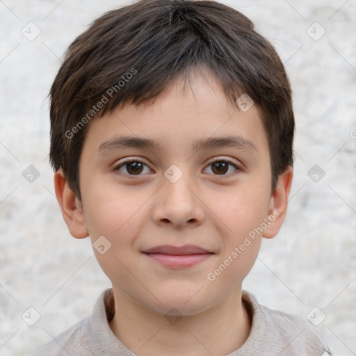 Joyful white child male with short  brown hair and brown eyes