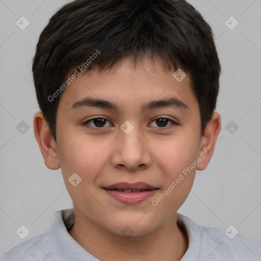 Joyful white child male with short  brown hair and brown eyes