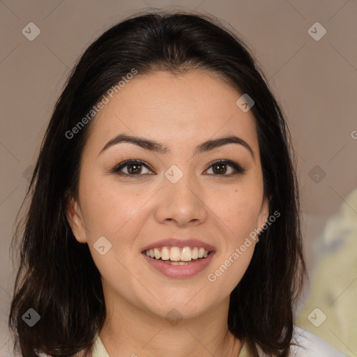 Joyful white young-adult female with medium  brown hair and brown eyes