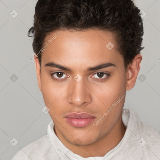 Neutral white young-adult female with short  brown hair and brown eyes