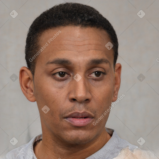 Neutral latino adult male with short  black hair and brown eyes