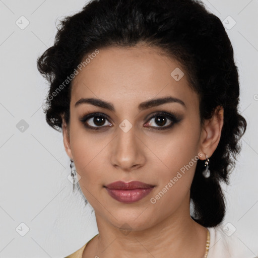 Joyful latino young-adult female with medium  black hair and brown eyes