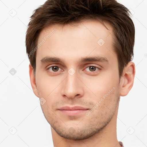 Neutral white young-adult male with short  brown hair and brown eyes