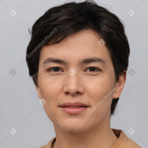 Joyful white young-adult male with medium  brown hair and brown eyes