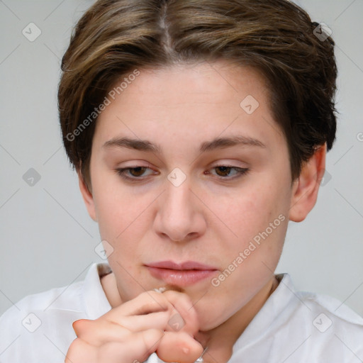 Neutral white young-adult female with short  brown hair and brown eyes