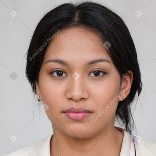 Neutral asian young-adult female with medium  black hair and brown eyes