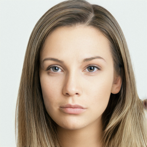 Neutral white young-adult female with long  brown hair and grey eyes