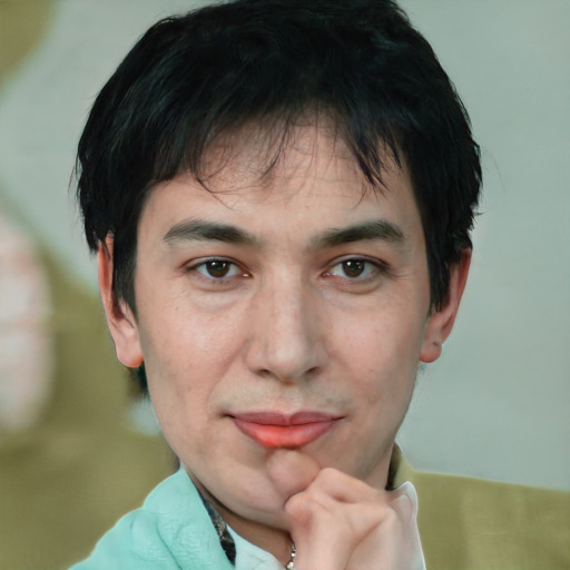 Joyful white adult male with short  black hair and brown eyes