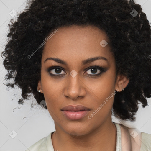 Neutral black young-adult female with medium  brown hair and brown eyes