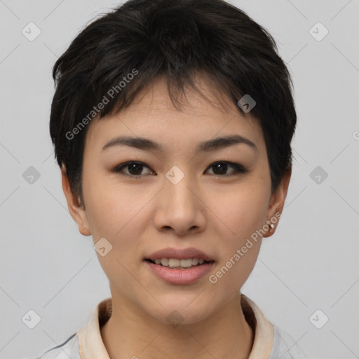 Joyful asian young-adult female with short  brown hair and brown eyes