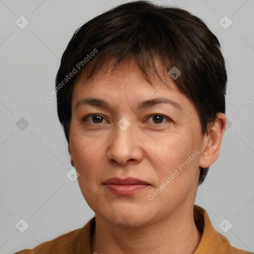 Joyful white adult female with short  brown hair and brown eyes