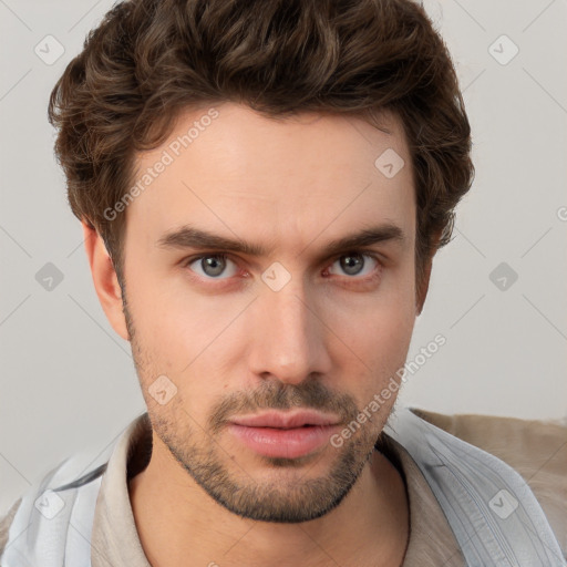 Neutral white young-adult male with short  brown hair and brown eyes