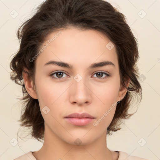 Neutral white young-adult female with medium  brown hair and brown eyes