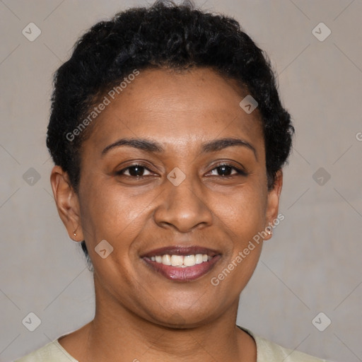 Joyful latino young-adult female with short  brown hair and brown eyes