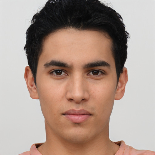 Neutral asian young-adult male with short  black hair and brown eyes