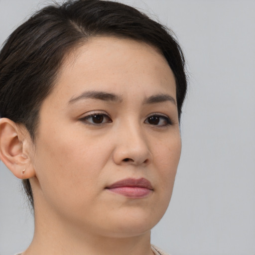 Neutral white young-adult female with medium  brown hair and brown eyes