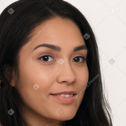 Joyful latino young-adult female with long  brown hair and brown eyes