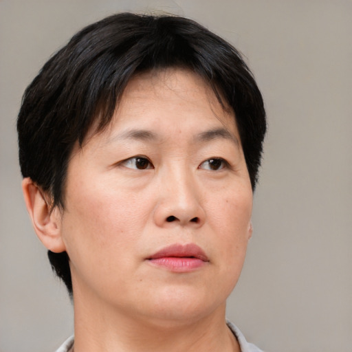 Neutral asian adult female with short  brown hair and brown eyes
