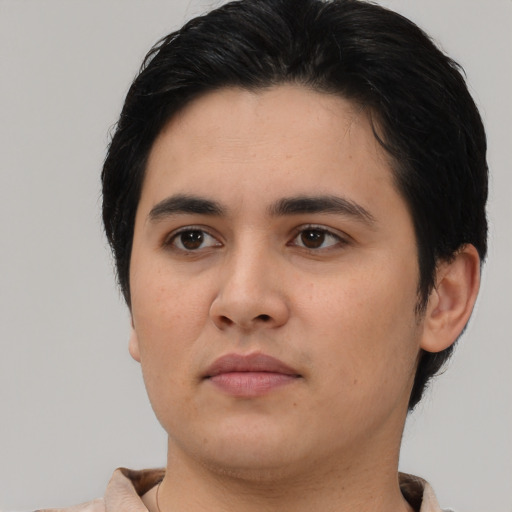 Neutral asian young-adult female with short  black hair and brown eyes