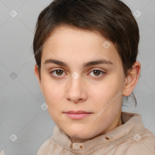 Neutral white young-adult female with short  brown hair and brown eyes