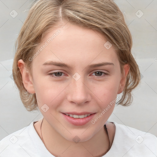 Joyful white young-adult female with medium  brown hair and blue eyes