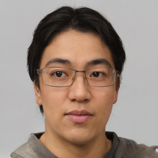 Neutral asian adult male with short  brown hair and brown eyes