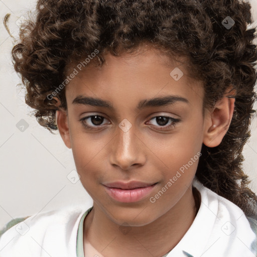 Joyful white child female with short  brown hair and brown eyes