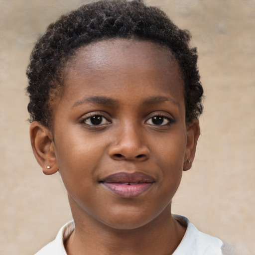 Joyful black child female with short  brown hair and brown eyes