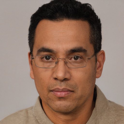 Neutral white adult male with short  black hair and brown eyes