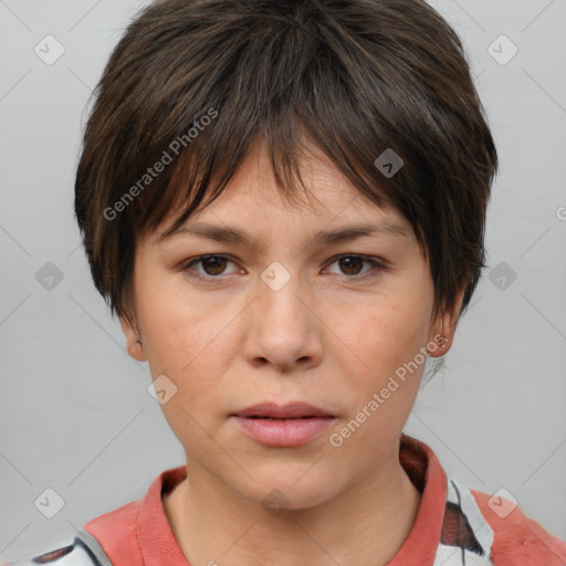 Neutral white young-adult female with medium  brown hair and brown eyes