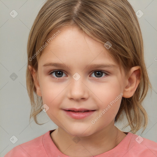 Joyful white child female with medium  brown hair and brown eyes