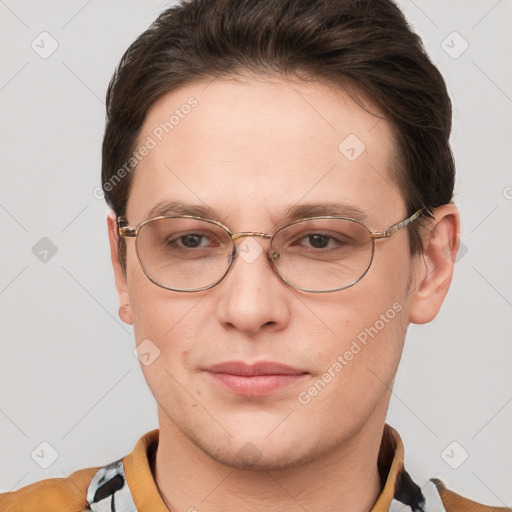 Joyful white adult female with short  brown hair and brown eyes