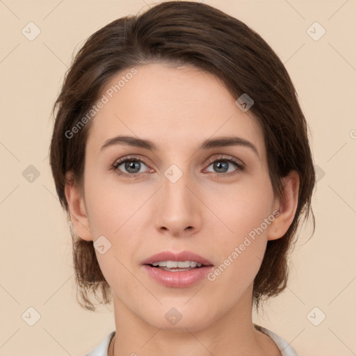 Neutral white young-adult female with medium  brown hair and brown eyes