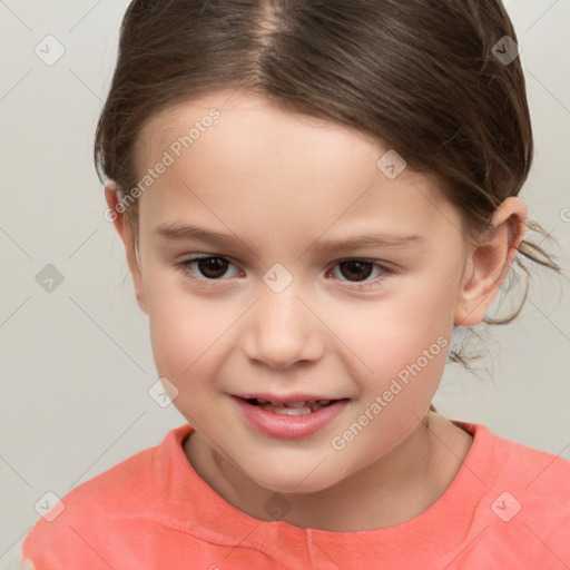 Joyful white child female with medium  brown hair and brown eyes