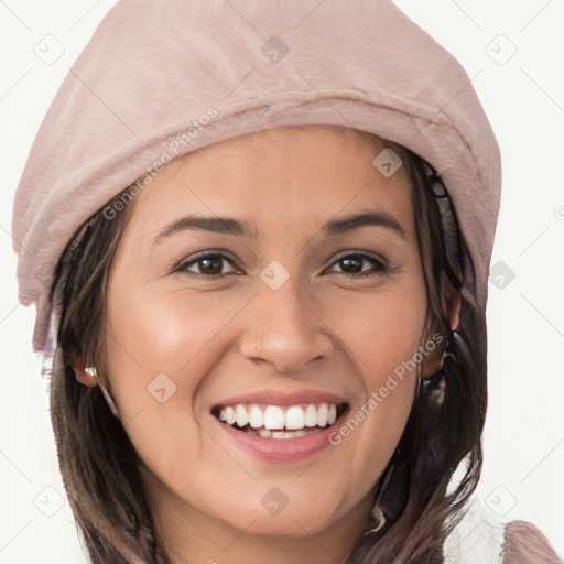 Joyful white young-adult female with medium  brown hair and brown eyes