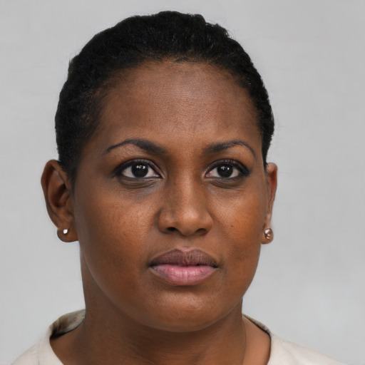 Neutral black young-adult female with short  brown hair and brown eyes