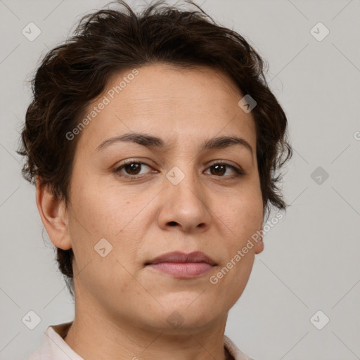 Neutral white adult female with short  brown hair and brown eyes