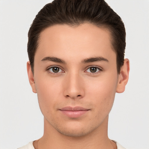 Neutral white young-adult male with short  brown hair and brown eyes