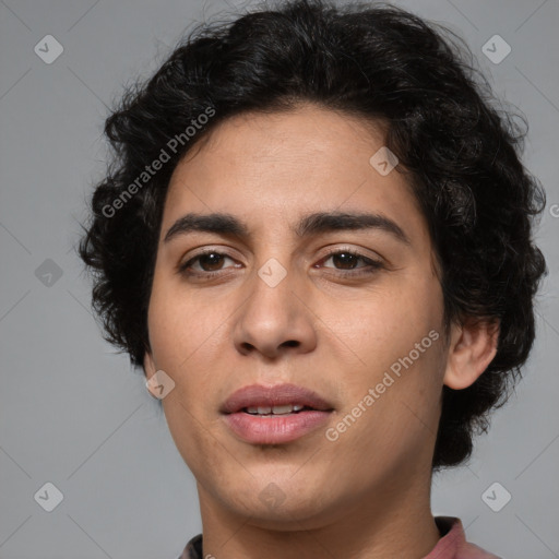 Joyful white young-adult female with medium  black hair and brown eyes