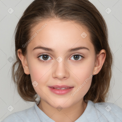 Joyful white child female with medium  brown hair and brown eyes