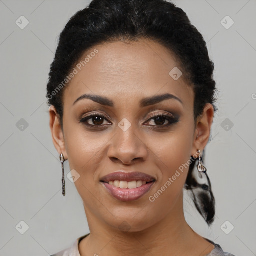 Joyful black young-adult female with short  black hair and brown eyes