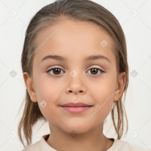 Joyful white child female with medium  brown hair and brown eyes