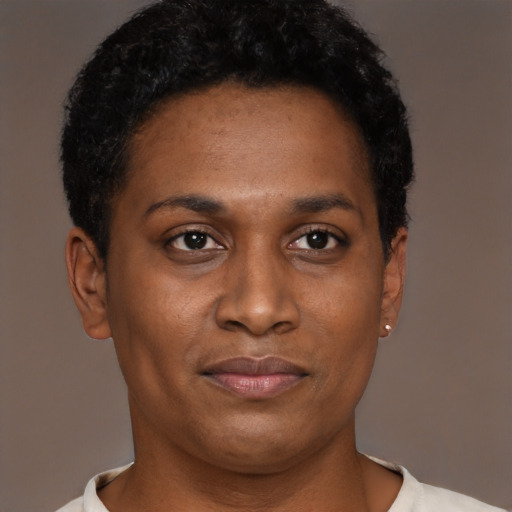 Joyful black young-adult female with short  brown hair and brown eyes