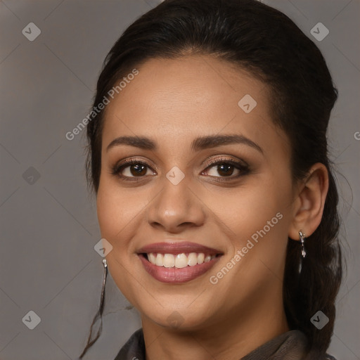 Joyful white young-adult female with long  brown hair and brown eyes