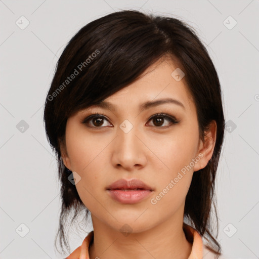 Neutral white young-adult female with medium  black hair and brown eyes