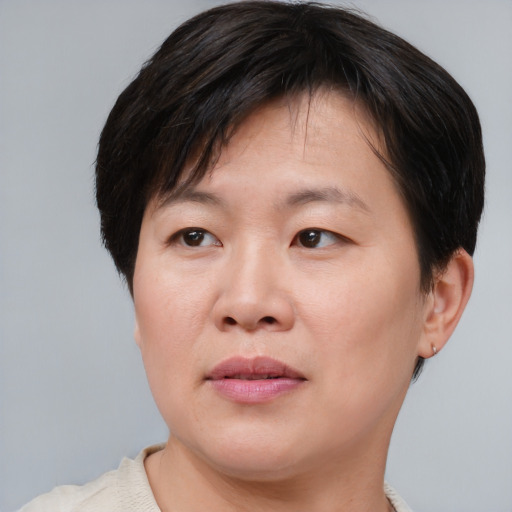 Joyful asian young-adult female with short  brown hair and brown eyes