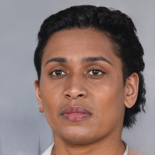 Joyful black young-adult female with short  black hair and brown eyes