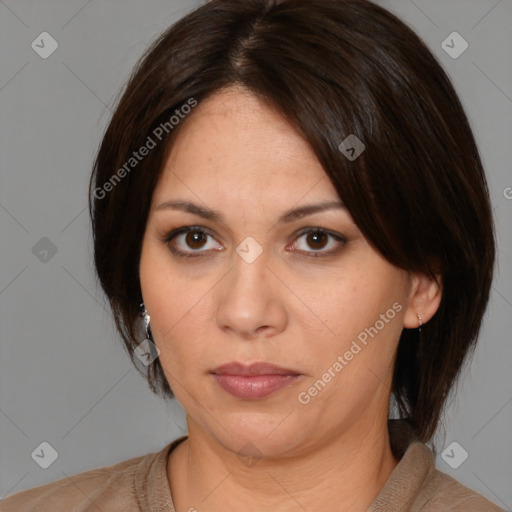 Neutral white young-adult female with medium  brown hair and brown eyes