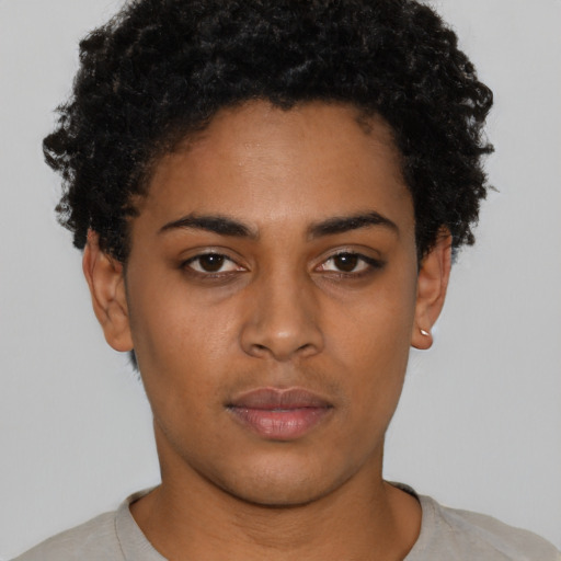 Neutral latino young-adult female with short  black hair and brown eyes