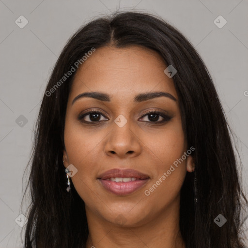 Joyful latino young-adult female with long  brown hair and brown eyes